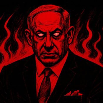 Afbeelding van een Israëlische leider met felle blik en dreigende achtergrond, symbool voor verwoesting en onderdrukking in Gaza.