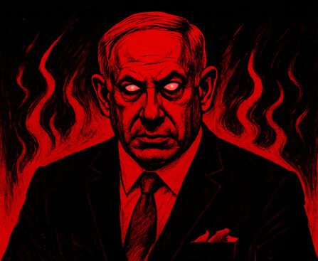Afbeelding van een Israëlische leider met felle blik en dreigende achtergrond, symbool voor verwoesting en onderdrukking in Gaza.