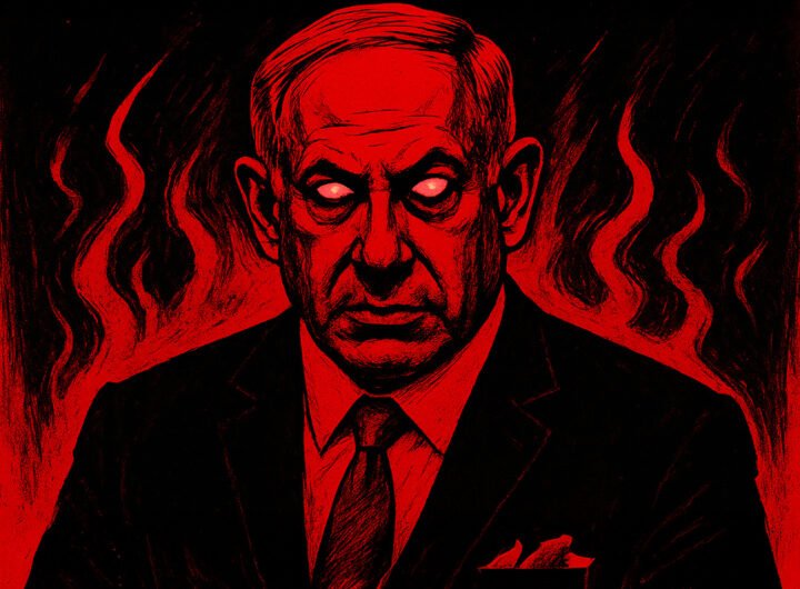 Afbeelding van een Israëlische leider met felle blik en dreigende achtergrond, symbool voor verwoesting en onderdrukking in Gaza.