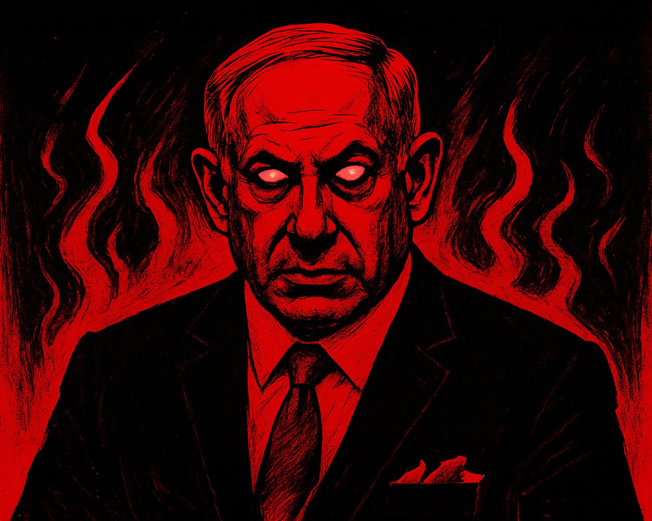 Afbeelding van een Israëlische leider met felle blik en dreigende achtergrond, symbool voor verwoesting en onderdrukking in Gaza.