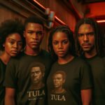 Vier jongeren dragen T-shirts met het portret van Tula als symbool van verzet en solidariteit op de Antillen
