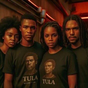 Vier jongeren dragen T-shirts met het portret van Tula als symbool van verzet en solidariteit op de Antillen