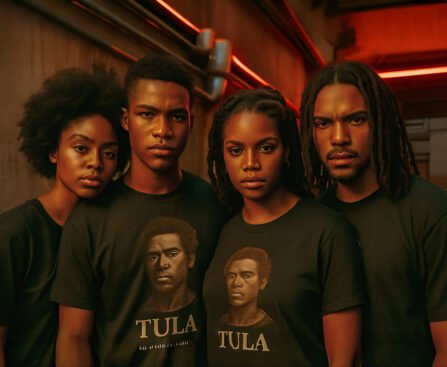 Vier jongeren dragen T-shirts met het portret van Tula als symbool van verzet en solidariteit op de Antillen