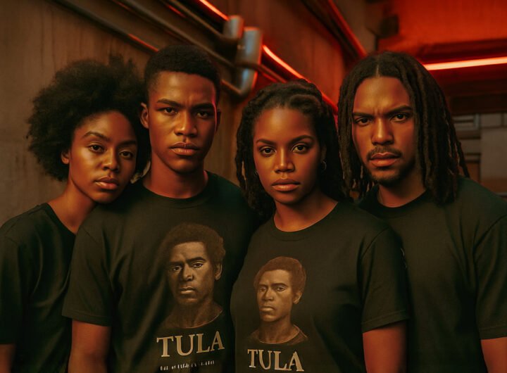 Vier jongeren dragen T-shirts met het portret van Tula als symbool van verzet en solidariteit op de Antillen