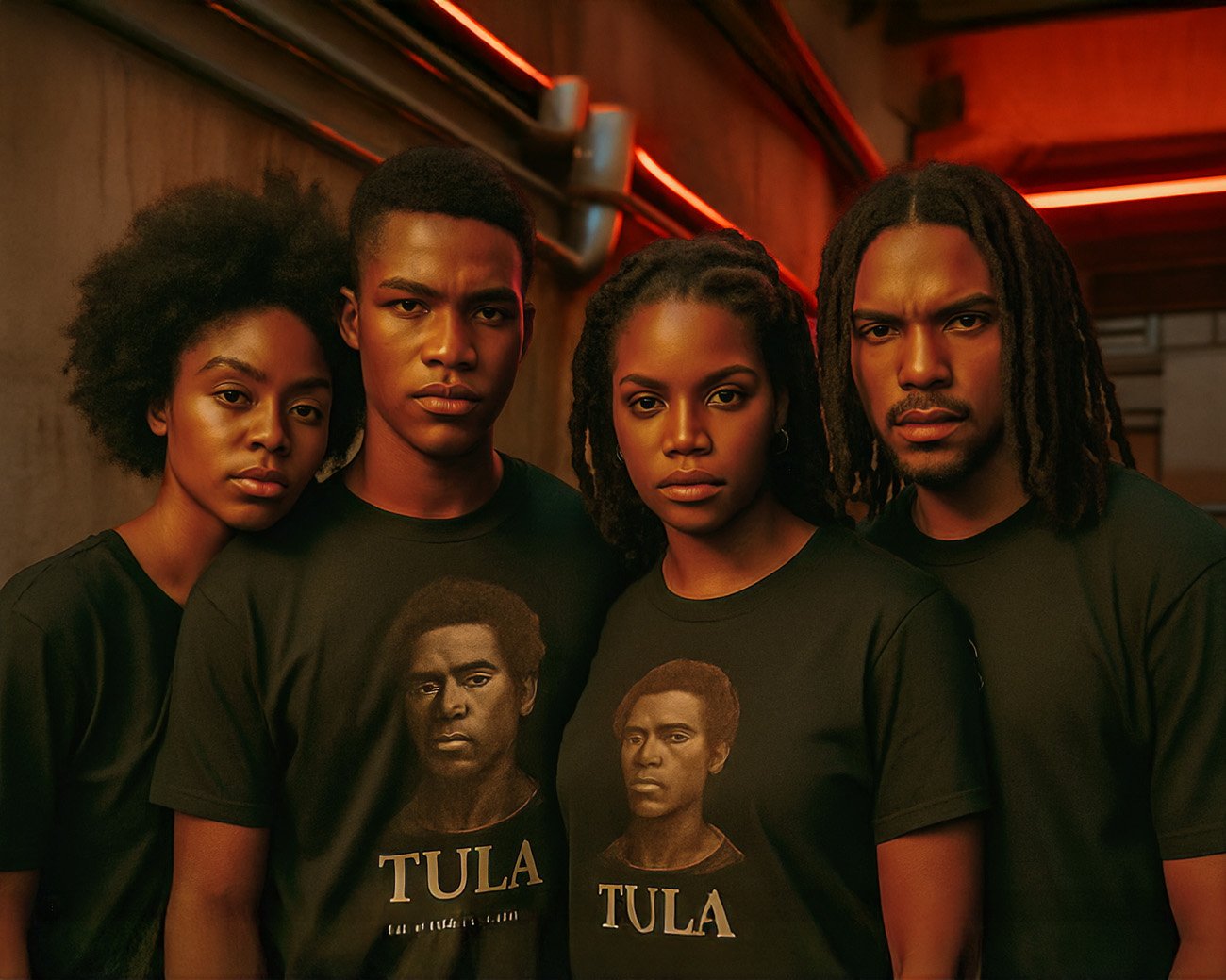 Vier jongeren dragen T-shirts met het portret van Tula als symbool van verzet en solidariteit op de Antillen