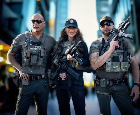 Kristi Noem poseert bewapend tussen zwaarbewapende mannen van politie en ICE