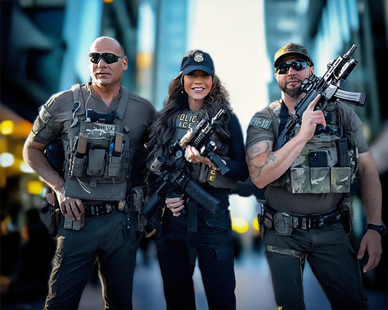 Kristi Noem poseert bewapend tussen zwaarbewapende mannen van politie en ICE