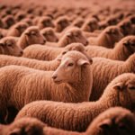 Een grote kudde schapen die dezelfde kant op bewegen, met één schaap dat zich omdraait.
