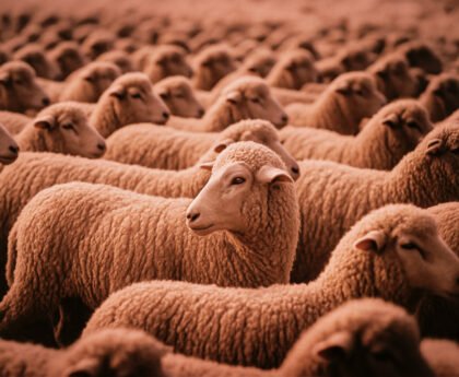 Een grote kudde schapen die dezelfde kant op bewegen, met één schaap dat zich omdraait.