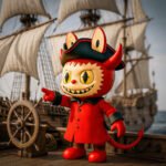 Het poppetje Labubu verkleed als piraat staat op het dek van een schip met zeilen en wijst vooruit.