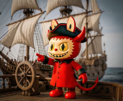 Het poppetje Labubu verkleed als piraat staat op het dek van een schip met zeilen en wijst vooruit.