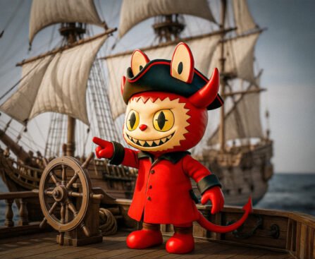 Het poppetje Labubu verkleed als piraat staat op het dek van een schip met zeilen en wijst vooruit.