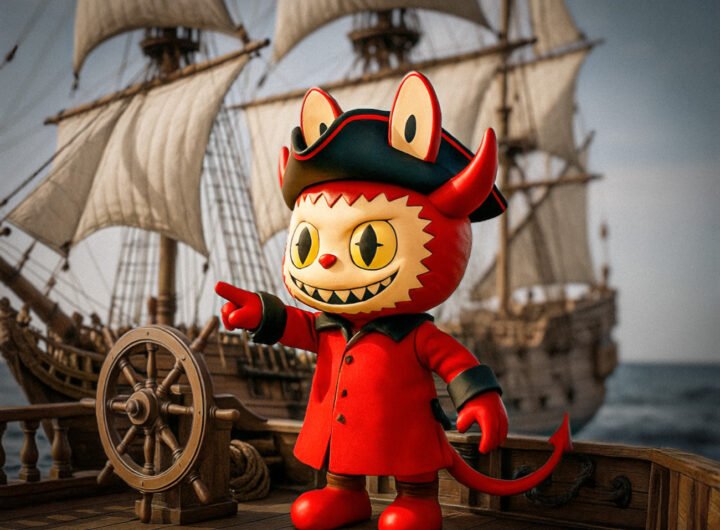 Het poppetje Labubu verkleed als piraat staat op het dek van een schip met zeilen en wijst vooruit.