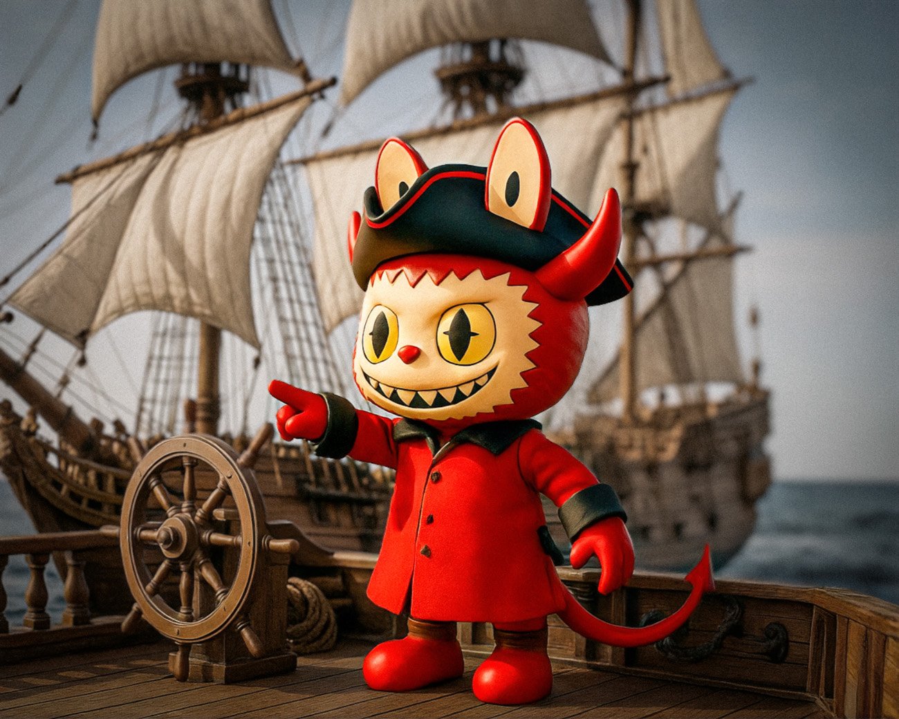 Het poppetje Labubu verkleed als piraat staat op het dek van een schip met zeilen en wijst vooruit.