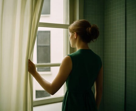 Vrouw kijkt stil uit het raam in een kamer met groene tegels
