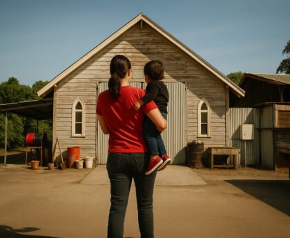 Vrouw met kind in rode kleding staat voor een houten loods met golfplaten deur.