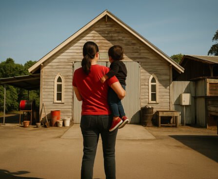 Vrouw met kind in rode kleding staat voor een houten loods met golfplaten deur.