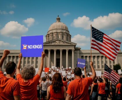 Demonstranten vullen de trappen van het Missouri State Capitol tijdens de No Kings-protesten in Jefferson City