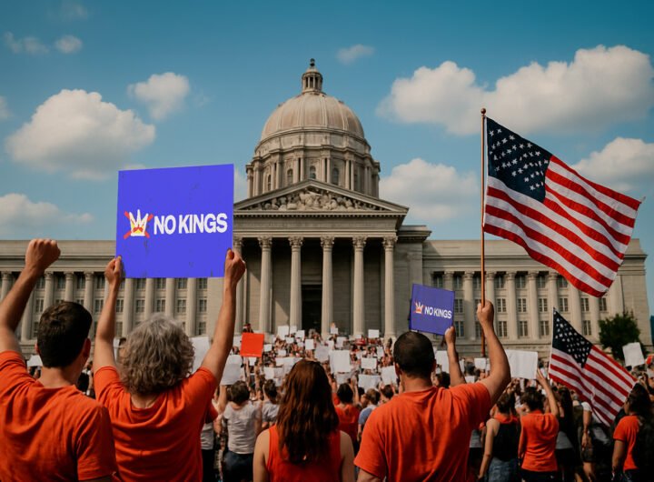 Demonstranten vullen de trappen van het Missouri State Capitol tijdens de No Kings-protesten in Jefferson City