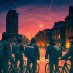 Groep fietskoeriers met bezorgtassen kijkt richting de stad bij zonsondergang, met digitale lijnen in de lucht die algoritmische controle symboliseren.