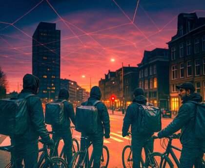 Groep fietskoeriers met bezorgtassen kijkt richting de stad bij zonsondergang, met digitale lijnen in de lucht die algoritmische controle symboliseren.