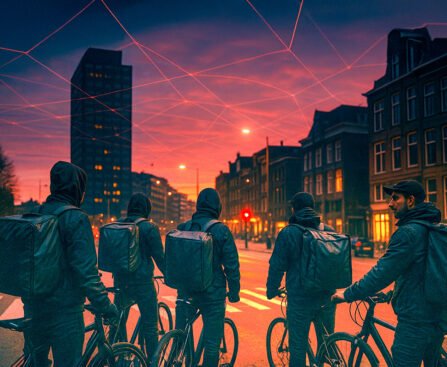 Groep fietskoeriers met bezorgtassen kijkt richting de stad bij zonsondergang, met digitale lijnen in de lucht die algoritmische controle symboliseren.