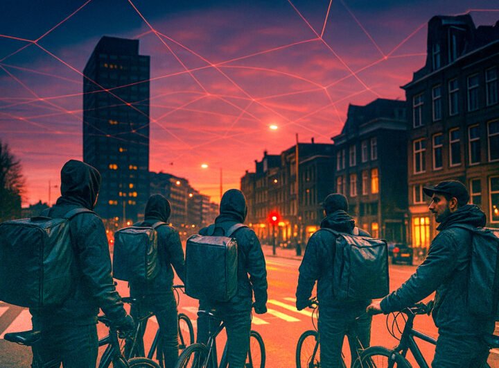 Groep fietskoeriers met bezorgtassen kijkt richting de stad bij zonsondergang, met digitale lijnen in de lucht die algoritmische controle symboliseren.