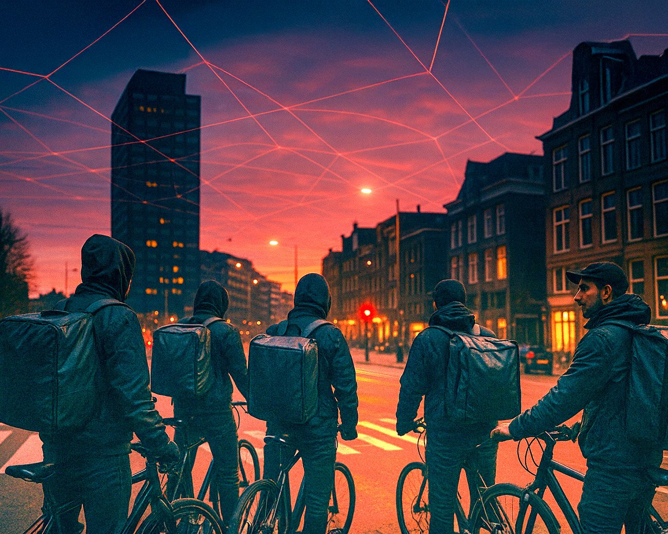 Groep fietskoeriers met bezorgtassen kijkt richting de stad bij zonsondergang, met digitale lijnen in de lucht die algoritmische controle symboliseren.