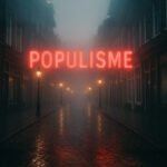 Neonwoord “POPULISME” in rode letters boven mistige kasseistraat met lantaarns