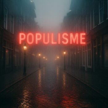 Neonwoord “POPULISME” in rode letters boven mistige kasseistraat met lantaarns