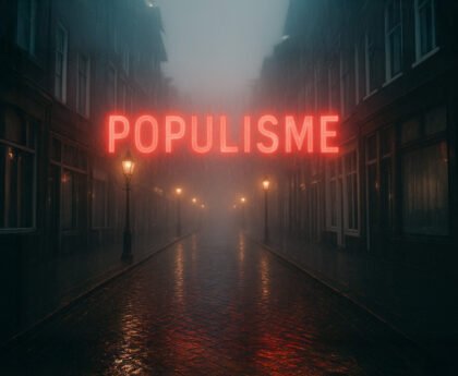 Neonwoord “POPULISME” in rode letters boven mistige kasseistraat met lantaarns