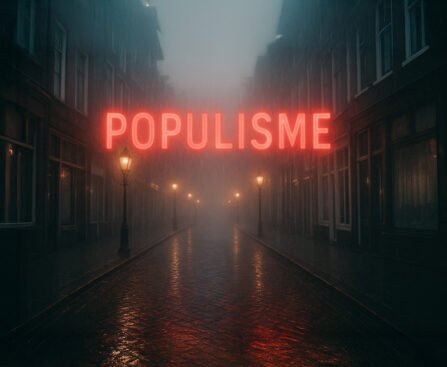 Neonwoord “POPULISME” in rode letters boven mistige kasseistraat met lantaarns