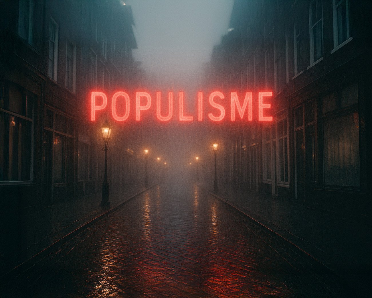 Neonwoord “POPULISME” in rode letters boven mistige kasseistraat met lantaarns