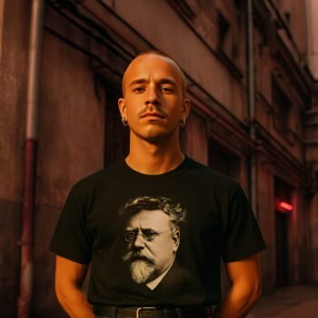 Man draagt een zwart T-shirt met portret van Rudolf Rocker in een stadsstraat.
