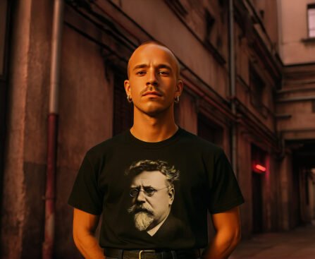 Man draagt een zwart T-shirt met portret van Rudolf Rocker in een stadsstraat.