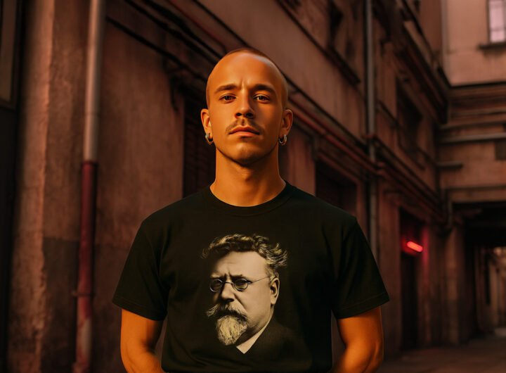 Man draagt een zwart T-shirt met portret van Rudolf Rocker in een stadsstraat.