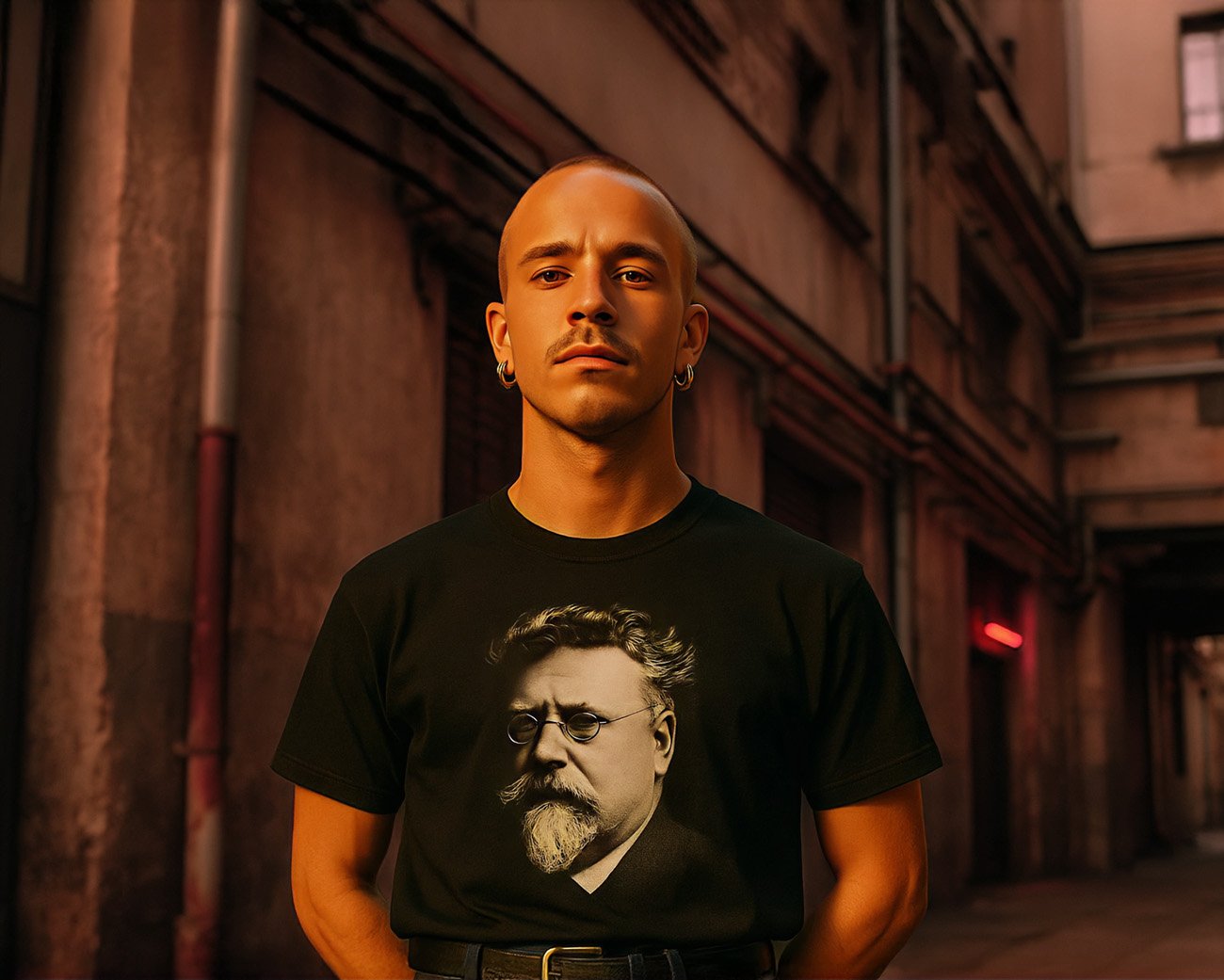 Man draagt een zwart T-shirt met portret van Rudolf Rocker in een stadsstraat.