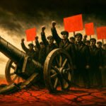 Arbeiders met rode vlaggen marcheren langs een gebroken kanon, symbool voor Trotski’s revolutionaire strategie tegen imperialistische oorlogen
