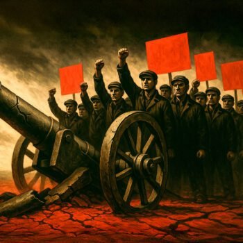 Arbeiders met rode vlaggen marcheren langs een gebroken kanon, symbool voor Trotski’s revolutionaire strategie tegen imperialistische oorlogen