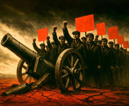 Arbeiders met rode vlaggen marcheren langs een gebroken kanon, symbool voor Trotski’s revolutionaire strategie tegen imperialistische oorlogen