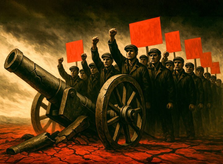 Arbeiders met rode vlaggen marcheren langs een gebroken kanon, symbool voor Trotski’s revolutionaire strategie tegen imperialistische oorlogen
