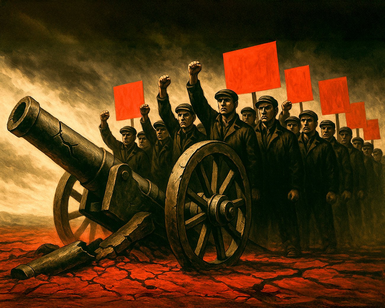Arbeiders met rode vlaggen marcheren langs een gebroken kanon, symbool voor Trotski’s revolutionaire strategie tegen imperialistische oorlogen
