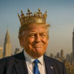 Donald Trump draagt een gouden kroon met de skyline van New York op de achtergrond.