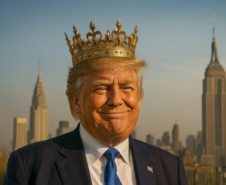 Donald Trump draagt een gouden kroon met de skyline van New York op de achtergrond.
