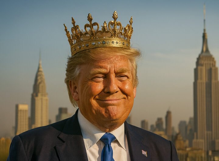 Donald Trump draagt een gouden kroon met de skyline van New York op de achtergrond.