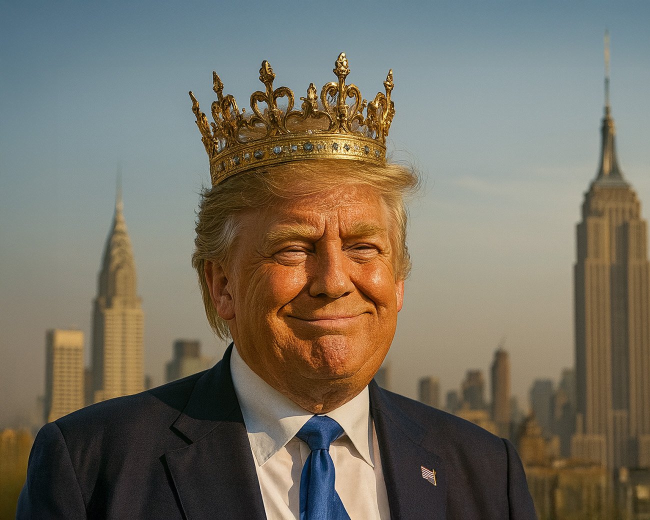 Donald Trump draagt een gouden kroon met de skyline van New York op de achtergrond.