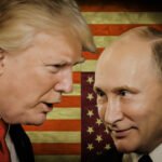 Donald Trump en Vladimir Poetin tijdens een ontmoeting met de Amerikaanse vlag op de achtergrond
