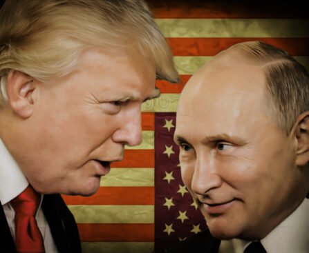 Donald Trump en Vladimir Poetin tijdens een ontmoeting met de Amerikaanse vlag op de achtergrond