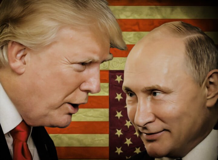 Donald Trump en Vladimir Poetin tijdens een ontmoeting met de Amerikaanse vlag op de achtergrond