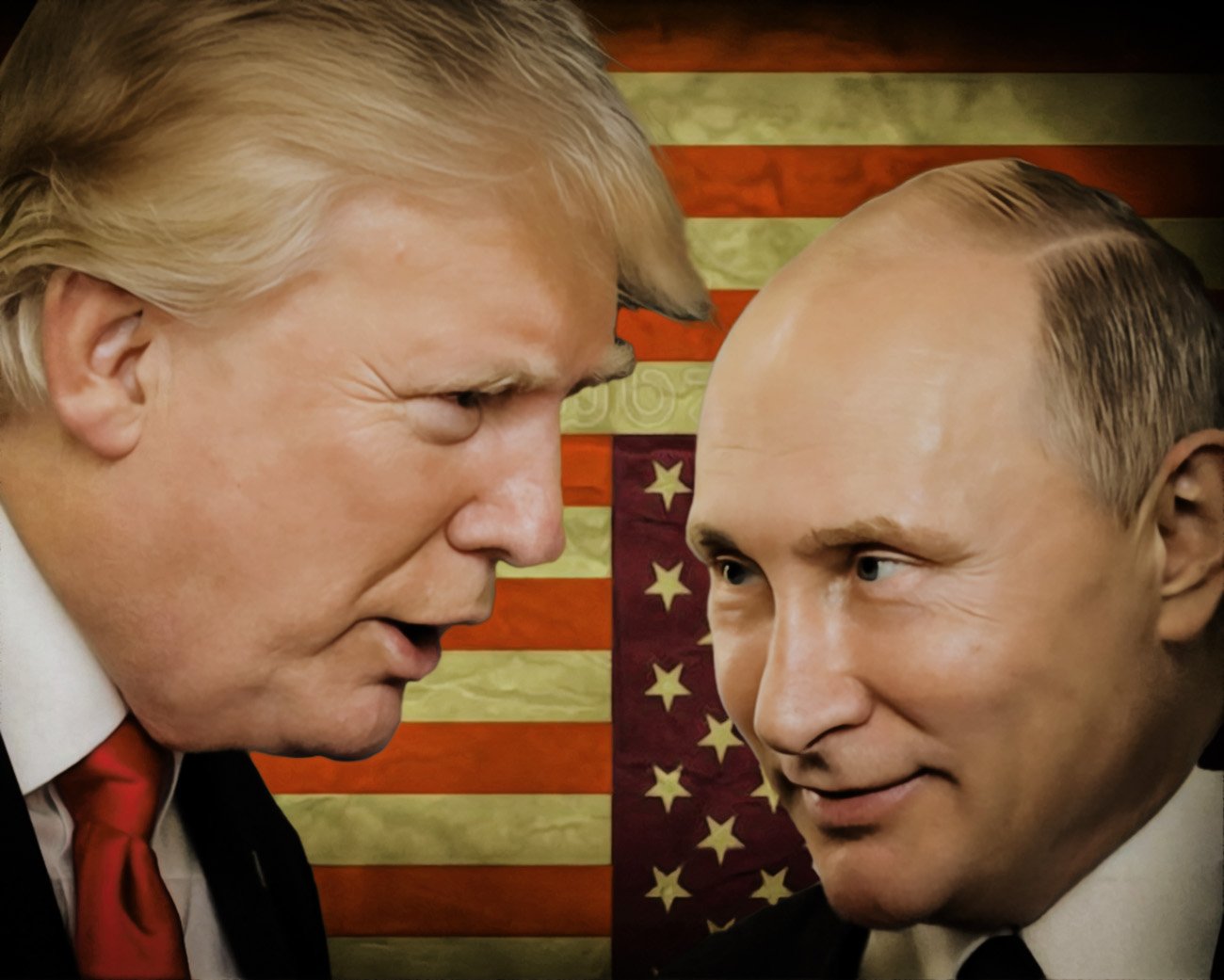 Donald Trump en Vladimir Poetin tijdens een ontmoeting met de Amerikaanse vlag op de achtergrond